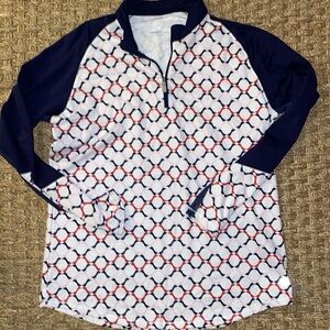 Bette & Court spf 1/4 white with abstract red, blue, pink sz Large